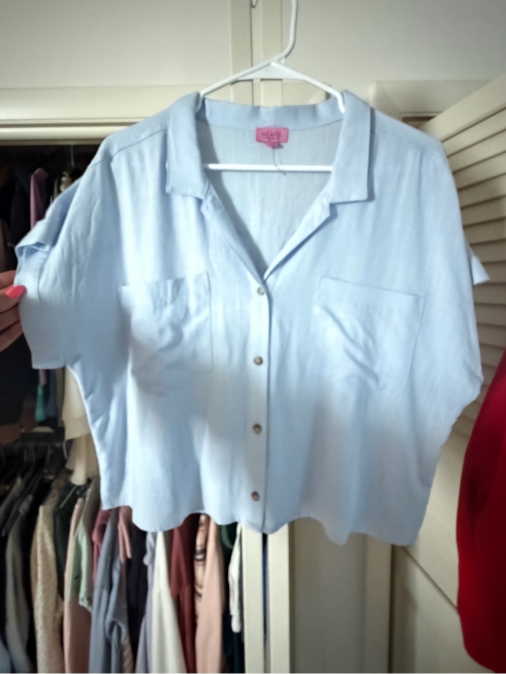miami Light Blue Short Sleeve Camp Collar Button-Up Blouse